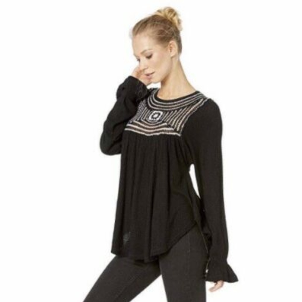 Free People Top Waffle Knit Thermal Crochet Swing